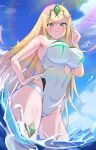  1girl absurd_res alluring bare_shoulders big_breasts bikini blonde_hair blush breasts cloud contrapposto day from_below gem green_nails hand_on_own_hip hand_up headpiece high_res long_hair looking_at_viewer mythra mythra_(radiant_beach)_(xenoblade) nintendo ocean one-piece_bikini one-piece_swimsuit oruru63100814 outside strapless strapless_one-piece_swimsuit striped_clothes striped_one-piece_swimsuit sunlight swept_bangs swimsuit tiara vertical-striped_clothes vertical-striped_one-piece_swimsuit very_long_hair wading water white_one-piece_swimsuit xenoblade_(series) xenoblade_chronicles_2 yellow_eyes 