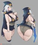 1girl areola_slip ashe_(league_of_legends) ass big_breasts black_skirt blue_eyes blush bobtheneet breasts cape cleavage curvy from_behind grey_background holding holding_weapon hood hood_up huge_ass league_of_legends multiple_views riot_games sideboob simple_background skirt standing sweat thick_thighs thighs weapon white_hair