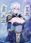  1girl ashe_(league_of_legends) blue_cape blue_eyes blue_gloves blue_skirt blurry blurry_background blush breasts cape cleavage elbow_gloves gem gloves hair_between_eyes hand_up highres hood hood_down kimtoxic large_breasts league_of_legends long_hair pleated_skirt riot_games skirt solo speech_bubble teeth translation_request white_hair 