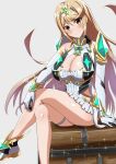  1girl 1girl alluring big_breasts blonde_hair breasts buhiko chest_jewel cleavage cleavage_cutout clothing_cutout high_res long_hair mythra nintendo very_long_hair xenoblade_(series) xenoblade_chronicles_2 yellow_eyes 