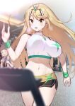  1boy 1girl 1girl absurd_res alluring alternate_costume bare_shoulders big_breasts big_breasts blonde_hair blush bouncing_breasts breasts earrings exercise exercise_machine green322 gym headpiece high_res jewelry long_hair mythra mythra_(xenoblade) nintendo nosebleed rex_(xenoblade) running shorts sports_bra sweat swept_bangs tagme tiara treadmill unaligned_breasts very_long_hair white_sports_bra xenoblade_chronicles_(series) xenoblade_chronicles_2 yellow_eyes 