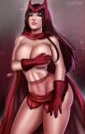 1female 1girl 1girl artist_logo avengers big_breasts big_breasts blue_eyes breasts brown_hair cape cleavage covering covering_nipples female_only fit_female flowerxl long_hair looking_at_viewer marvel marvel_comics pinup red_cape scarlet_witch stockings superheroine upper_body wanda_maximoff
