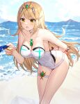  1girl alluring bad_food beach bento big_breasts blonde_hair breasts choker clouds core_crystal earrings food long_hair mythra nintendo ocean one-piece_swimsuit outside rings ririko_(zhuoyandesailaer) sky swimsuit thigh_strap tiara water white_one-piece_swimsuit white_swimsuit xenoblade_(series) xenoblade_chronicles_2 yellow_eyes 