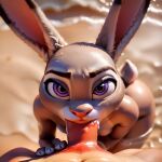  1boy 1girl ai-generated ai_generated animal_ears bunny bunny_ears completely_nude completely_nude_female cum cum_in_mouth cum_inside disney fellatio first_person_view furry furry_female interspecies judy_hopps looking_at_viewer nude nude_female oral purple_eyes zootopia 