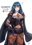  1girl ? absurd_res alluring armlet armor belt big_breasts black_shorts blue_eyes blush bodice bustier byleth_(fire_emblem) byleth_(fire_emblem)_(female) clothing_cutout commentary cowboy_shot dagger deliciousbra deliciousbrain female_only fire_emblem fire_emblem:_three_houses heart high_res knife leggings looking_at_viewer meme navel navel_cutout nintendo pantyhose pantyhose_under_shorts parted_lips sheath sheathed short_shorts shorts shoulder_armor standing tassel teal_hair thighs turtleneck twitter_strip_game_(meme) vambraces waist_cape weapon 