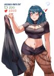  1girl absurd_res alluring big_breasts black_shirt black_shorts blue_eyes blush byleth_(fire_emblem) byleth_(fire_emblem)_(female) cleavage cleavage_cutout clothing_cutout commentary crop_top deliciousbra deliciousbrain feet_out_of_frame female_only fire_emblem fire_emblem:_three_houses grin hand_up high_res leggings long_hair looking_at_viewer meme midriff navel nintendo one_eye_closed pantyhose pantyhose_under_shorts shirt short_shorts short_sleeves shorts simple_background smile standing stomach teal_hair twitter_strip_game_(meme) white_background 