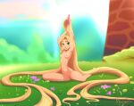 1girl 1girl 1girl absurd_res absurdly_long_hair arms_up barefoot_on_grass blush breasts casual_nudity disney green_eyes high_res long_hair looking_at_viewer nature navel nipples nude outside parted_lips pussy rapunzel sequestro tangled very_long_hair