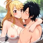 ai_generated black_hair blonde_hair blush fairy_tail gray_fullbuster hot_spring implied_sex kissing_cheek lucy_heartfilia wholesome