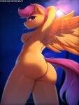 1girl 2024 aged_up anthro ass big_ass breasts dat_ass digital_media_(artwork) equid equine eyebrows eyelashes feathered_wings feathers female friendship_is_magic genitals hair hand_behind_head hasbro high_res looking_at_viewer looking_back looking_back_at_viewer mammal my_little_pony mythological_creature mythological_equine mythology nipples nude pegasus purple_eyes purple_hair pussy scootaloo scootaloo_(mlp) short_hair sideboob solo tail text twistedscarlett60 url wings