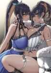 2_girls :d arm_strap bare_shoulders big_breasts black_hair black_necktie blue_dress blue_eyes blush breasts brown_hair dark-skinned_female dark_skin dress earrings goddess_of_victory:_nikke hair_between_eyes hair_ornament hairclip high_res jacket jewelry long_hair looking_at_viewer multicolored_hair navel neck_tie noise_(nikke) official_alternate_costume open_mouth parted_lips ponytail ring selfcest sky_(freedom) smile thigh_strap thighs two-tone_hair white_jacket