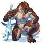 1boy 2010s 2018 2d 2d_(artwork) absurd_res animal_genitalia anthro anthro_only artist_signature ass bara brown_body brown_scales brown_skin digital_media_(artwork) erection genitals hand_on_thigh head_down high_res kneel large_filesize lizard lizard_boy lizardman lizardman_(overlord) looking_at_viewer looking_up male male_anthro male_only markings melee_weapon nude overlord_(maruyama) penis precum reptile rollwulf scales scalie signature simple_background smaller_version_at_source solo_anthro solo_male sword tail tattoo third-party_source tribal_tattoo weapon white_background zaryusu_shasha