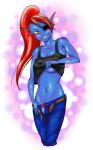  1girl 2010s 2018 2d 2d_(artwork) anthro anthro_only belt black_tank_top blue_body blue_skin blush breasts clothes_lift clothing digital_media_(artwork) ear_fins eye_patch eyepatch female_anthro female_only fish fish_girl ganzooky hair long_hair looking_at_viewer marine monster monster_girl navel non-mammal_breasts non-mammal_navel nsfwsinningsans panties pants_pull ponytail red_hair red_panties red_ponytail sharp_teeth slit_pupils solo_anthro solo_female tank_top tank_top_lift tank_top_pull teasing unbuckled_belt undertale undertale_(series) undyne unzipped unzipped_pants video_game_character video_games yellow_sclera yellow_teeth 