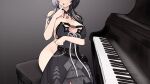  1girl big_breasts black_choker black_dress black_hair black_nails blush breasts choker dress finger_to_mouth grey_hair high_res holding holding_clothes hololive hololive_english instrument long_hair m_r_b multicolored_hair nail_polish nude pan_piano piano piano_bench shiori_novella sitting smile split-color_hair two-tone_hair unworn_clothes virtual_youtuber 