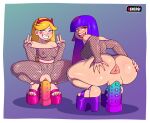 1girl 2_girls ass ass_focus ass_grab big_ass blonde_hair breasts crossover dildo disney female_only fishnets glitch_techs high_heels kenergi looking_at_viewer looking_back miko_kubota nickelodeon peace_sign purple_hair sex_toy shiny_skin small_breasts spreading_ass star_butterfly star_vs_the_forces_of_evil two_tone_hair