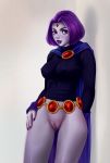1girl bottomless breasts cape dc_comics female female_only forehead_jewel hairless_pussy looking_at_viewer nipple_outline no_panties partially_clothed pussy raven_(dc) rino99 short_hair solo standing superheroine teen_titans thigh_gap