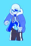 1boy 2020s 2021 2d 2d_(artwork) absurd_res animated_skeleton biting_clothes biting_shirt blue_background blue_blush blue_jacket blue_penis blush blushing_profusely bodily_fluids bone clothed clothing cyan_background digital_media_(artwork) ectopenis genital_fluids genitals hi_res high_resolution highres jacket looking_at_genitalia looking_at_own_penis looking_at_penis looking_at_self looking_down looking_down_at_self male male_only monster one_eye_closed penis penis_out penis_tentacles prehensile_penis sans sans_(undertale) shirt_up simple_background sirtoasterbutt skeleton smile solid_color_background solo_male sweat tentacle_penis third-party_source topwear undead undertale undertale_(series) video_game_character video_games wet_penis
