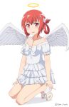 1girl :3 alternate_costume angel angel_wings bad_id bad_pixiv_id bare_shoulders blush bow breasts cleavage cross cross_hair_ornament cross_necklace dress fang feathered_wings frilled_dress frills full_body gabriel_dropout hair_ornament hair_rings halo high_heels high_res holding_own_foot irony jewelry kneel long_hair looking_at_viewer medium_breasts necklace nyaroon off-shoulder_dress off_shoulder open_mouth puffy_short_sleeves puffy_sleeves purple_eyes red_hair satanichia_kurumizawa_mcdowell sfw short_dress short_sleeves signature twitter_username white_background white_bow white_dress white_footwear white_wings wings