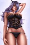  1female 1girl 1girl ass_visible_through_thighs big_breasts big_breasts breasts camilla_(fire_emblem) cleavage female_human fire_emblem fire_emblem_fates flowerxl hand_on_head hand_on_thigh hartman_hips hips horns hourglass_figure human light-skinned_female long_hair nintendo panties panties_aside purple_eyes purple_hair purple_panties red_mouth sideboob standing thighs tiara toned_female video_game_character wide_hips 