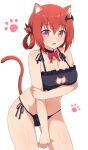  1girl 1girl animal_ears bat_hair_ornament big_breasts black_bra black_choker black_panties bow bowtie bra breasts cat_cutout cat_ear_panties cat_ears cat_lingerie cat_tail choker cleavage_cutout clothing_cutout commentary_request fang gabriel_dropout hair_ornament hair_rings high_res kemonomimi_mode looking_at_viewer meme_attire navel nyaroon open_mouth panties pink_eyes red_bow red_bowtie red_hair red_ribbon ribbon satanichia_kurumizawa_mcdowell side-tie_panties simple_background tail underwear underwear_only white_background 