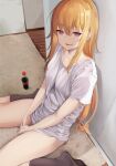 1girl :d absurd_res black_socks blonde_hair carpet cola collarbone female_only gabriel_dropout gabriel_tenma_white high_res indoors kneehighs long_hair looking_at_viewer no_pants on_floor open_mouth own_hands_together purple_eyes screw_(artist) shirt short_sleeves sitting smile socks soda_bottle solo_female wariza white_shirt