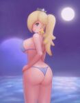  1girl alluring ass big_ass big_breasts bikini blue_bikini blue_eyes breasts butt_crack crown female_only hair_over_one_eye hand_on_hip high_res human long_hair looking_at_viewer mario_(series) moon moonlight night nintendo ocean pale-skinned_female princess princess_rosalina rear_view rosalina rosalina_(mario) rosalina_(mario_galaxy) royalty saf-404 safartwoks safartworks smile space standing star_earrings super_mario_bros. thick_thighs thin_waist thong video_game_character wide_hips 