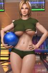  1girl alluring athletic_female big_breasts blonde_hair blue_eyes bowling bowling_alley bowling_ball crop_top dead_or_alive dead_or_alive_2 dead_or_alive_3 dead_or_alive_4 dead_or_alive_5 dead_or_alive_6 dead_or_alive_xtreme dead_or_alive_xtreme_2 dead_or_alive_xtreme_3_fortune dead_or_alive_xtreme_beach_volleyball female_abs fit_female holding_bowling_ball loveluv69 short_shorts tecmo tina_armstrong under_boob 