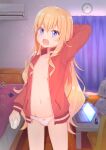  1girl 1girl absurd_res air_conditioner bad_id bad_pixiv_id bed bed_sheet bedroom blonde_hair blurry blurry_background breasts clock collarbone commentary computer curtains gabriel_dropout gabriel_tenma_white hand_on_own_head high_res indoors jacket kerun laptop long_hair looking_at_viewer messy_room mouse_(computer) navel no_bra open_clothes open_jacket open_mouth panties pink_panties purple_eyes red_jacket ribbon_panties small_breasts track_jacket trash_bag underwear window yawning 