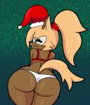 1girl 1girl 1girl 2021 anthro ass bent_over big_ass blonde_hair bra brown_body brown_fur canid canine canis christmas christmas_clothing christmas_headwear clothing digital_media_(artwork) eyelashes eyeshadow fur green_background hair hat headgear headwear high_res holidays horizontal_pupils idw_publishing long_hair looking_at_viewer looking_back makeup mammal marcodile panties ponytail pupils rear_view santa_hat sega simple_background snow snowing someth1ngoranother sonic_the_hedgehog_(comics) sonic_the_hedgehog_(idw) sonic_the_hedgehog_(series) teeth thick_thighs underwear whisper_the_wolf wide_hips wolf