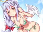 1girl 1girl angel angel_wings bikini blush breasts cleavage commentary_request cross_hair_ornament frilled_bikini frills front-tie_top gabriel_dropout green_bikini groin hair_ornament hair_ribbon halo leaning_forward long_hair looking_at_viewer medium_breasts navel raphiel_shiraha_ainsworth red_ribbon ribbon side-tie_bikini_bottom sideboob silver_hair smile swimsuit thighs unacchi_(nyusankin) wings yellow_eyes