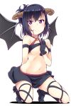 1girl 1girl areola bare_shoulders black_footwear black_gloves black_hair black_skirt blush boots bra bra_lift breasts commentary_request crop_top demon_girl demon_horns full_body gabriel_dropout gloves groin hallelujah_essaim high_heels high_res horns knee_boots lifted_by_self looking_at_viewer midriff navel purple_eyes simple_background skindentation skirt small_breasts underwear vignette_tsukinose_april white_background wings yamabuki_zarame