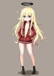 1girl 1girl :o black_halo black_legwear blonde_hair blue_eyes blush breasts dark_halo full_body gabriel_dropout gabriel_tenma_white halo hands_in_pockets jacket katahira_masashi long_hair long_sleeves looking_at_viewer naked_jacket navel no_shoes open_mouth simple_background small_breasts sparkle standing track_jacket very_long_hair