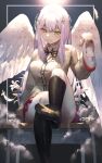 1girl :3 absurd_res angel angel_wings arm_support black_socks blush breasts brown_cardigan cardigan cross_hair_ornament feathered_wings feathers feet female_only flower foot_out_of_frame gabriel_dropout hair_ornament hani_haya high_res holding holding_shoes kneehighs leg_lift light_purple_hair long_hair long_sleeves looking_at_viewer medium_breasts no_shoes raphiel_shiraha_ainsworth red_skirt school_uniform shoes shoes_removed sidelocks sitting skirt socks solo_female uwabaki white_flower white_footwear white_wings wings yellow_eyes 