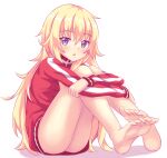 1girl :o ass barefoot blonde_hair commentary english_commentary feet full_body gabriel_dropout gabriel_tenma_white hair_between_eyes head_tilt high_res hugging_own_legs jacket long_hair long_sleeves looking_at_viewer nottytiffy open_mouth purple_eyes red_jacket simple_background sitting soles striped striped_jacket toes track_jacket very_long_hair white_background