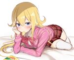 1girl 1girl blonde_hair blue_eyes breasts chips_(food) collared_shirt commentary_request food gabriel_dropout gabriel_tenma_white greatmosu hair_between_eyes long_hair long_sleeves looking_at_viewer lying medium_breasts miniskirt mouth_hold pink_sweater pleated_skirt potato_chips red_skirt school_uniform shirt skirt stockings sweater undershirt white_background white_thighhighs zettai_ryouiki