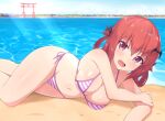 1girl 1girl :d beach big_breasts bikini blue_sky blush breasts cleavage commentary_request day demon_girl fang gabriel_dropout hair_ornament half-closed_eyes high_res looking_at_viewer lying navel nyaroon ocean on_side open_mouth outside panties pink_bikini purple_eyes red_hair revision sand satanichia_kurumizawa_mcdowell side-tie_bikini_bottom side-tie_panties sky smile string_bikini striped striped_bikini swimsuit underwear water