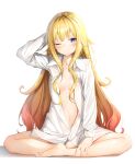 1girl 1girl arm_behind_head arm_up bare_legs barefoot blonde_hair blue_eyes blush breasts closed_mouth collarbone collared_shirt commentary_request dress_shirt gabriel_dropout gabriel_tenma_white gradient_hair high_res indian_style long_hair long_sleeves looking_at_viewer messy_hair multicolored_hair navel no_bra one_eye_closed open_clothes open_shirt panties shadow shiero. shirt simple_background sitting small_breasts thighs underwear very_long_hair white_background white_panties white_shirt