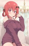 1girl 1girl bare_shoulders bat_hair_ornament big_breasts black_bra black_panties blush bra breasts closed_mouth collarbone couch gabriel_dropout hair_between_eyes hair_ornament hair_rings hand_up high_res indoors long_hair long_sleeves looking_at_viewer nyaroon off-shoulder_sweater off_shoulder on_couch panties pink_eyes raised_eyebrows red_hair satanichia_kurumizawa_mcdowell sitting sleeves_past_wrists smile sweater thighs underwear