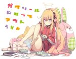1girl animal_ears bad_id bad_twitter_id barefoot blonde_hair computer copyright_name cross feet full_body gabriel_dropout gabriel_tenma_white halo headphones jacket jewelry laptop long_hair naked_jacket necklace official_art rabbit rabbit_ears sfw shoes sitting sneakers sock_dangle socks socks_removed sportswear stuffed_animal stuffed_toy toy track_jacket translated ukami very_long_hair
