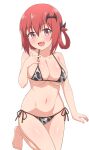 1girl 1girl animal_print bad_id bad_pixiv_id bare_shoulders barefoot bat_hair_ornament big_breasts bikini breasts cleavage collarbone cow_print fang gabriel_dropout hair_between_eyes hair_ornament hair_rings hand_on_own_chest hand_up high_res looking_at_viewer nyaroon open_mouth pink_eyes red_hair satanichia_kurumizawa_mcdowell shiny_skin side-tie_bikini_bottom simple_background standing standing_on_one_leg string_bikini swimsuit thighs under_boob white_background