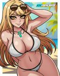 1girl 1girl alluring big_breasts bikini breasts cleavage core_crystal female_only ggrenders looking_at_viewer mythra nintendo sunglasses_on_head xenoblade_(series) xenoblade_chronicles_2 yellow_eyes yellow_hair 