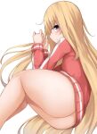 1girl ass blonde_hair blush bottomless female_only from_side gabriel_dropout gabriel_tenma_white high_res jacket long_hair long_sleeves looking_at_viewer looking_to_the_side mizushina_minato naked_jacket profile solo_female track_jacket very_long_hair