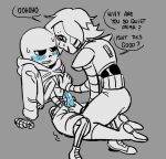 2boys 2d 2d_(artwork) 2males animated_skeleton arm_support artist_request blue_blush blue_penis blush bottom_sans clothed cute_penis digital_media_(artwork) ectopenis english_text gay grey_background groping hair hooded_jacket hoodie humanoid humanoid_robot jacket leg_between_thighs looking_away male male/male male_only mettasans mettaton mettaton_ex monochrome monster partially_colored penis penis_through_fly robot robot_boy robot_humanoid sans sans_(undertale) seme_mettaton shirt_lift shirt_pulled_up shirt_up simple_background skeleton small_penis solid_color_background sweat text text_bubble top_mettaton uke_sans undead undertale undertale_(series) video_game_character video_games yaoi