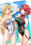 2_girls alluring beach big_breasts bikini blonde_hair blue_sky breasts cleavage core_crystal female_only looking_at_viewer mythra nintendo ocean pyra red_eyes red_hair softiered swimsuit xenoblade_(series) xenoblade_chronicles_2 yellow_eyes
