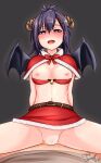1boy 1girl artist_name asymmetrical_bangs belt blush bow bra bra_pull breasts capelet christmas clothes_pull commentary_request cowgirl_position demon_girl demon_horns demon_wings female_pubic_hair gabriel_dropout girl_on_top hair_ornament hairclip heart heart-shaped_pupils hetero high_res horns joosi looking_at_viewer medium_breasts miniskirt nipples nose_blush open_mouth pov pubic_hair purple_eyes purple_hair pussy_juice red_bow red_bra red_capelet red_skirt sex short_hair skirt solo_focus spread_legs straddling symbol-shaped_pupils underwear vaginal vignette_tsukinose_april wings x_hair_ornament