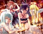 4girls angel angel_wings bare_shoulders bed big_breasts black_hair blonde_hair blue_eyes blurry blush breast_press breast_rest breasts candle come_hither cross_hair_ornament demon demon_girl demon_wings depth_of_field fang female_only gabriel_dropout gabriel_tenma_white hair_ornament hallelujah_essaim halo high_res horns indoors light_particles midriff multiple_girls navel odd_one_out one_eye_closed open_mouth parted_lips purple_eyes raphiel_shiraha_ainsworth red_eyes red_hair revision rubbing_eyes satanichia_kurumizawa_mcdowell sazanka seductive_smile sideboob small_breasts smile vignette_tsukinose_april white_hair wings yellow_eyes