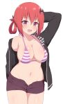 1girl 1girl arm_behind_head bad_id bad_pixiv_id bat_hair_ornament big_breasts bikini bikini_top_only black_jacket breasts commentary_request fang gabriel_dropout hair_ornament hair_rings high_res jacket looking_at_viewer navel nyaroon off_shoulder open_clothes open_jacket open_mouth pink_eyes red_hair satanichia_kurumizawa_mcdowell shorts simple_background striped striped_bikini swimsuit thighs white_background