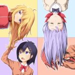 4girls :&gt; ahoge arms_at_sides black_bow black_bowtie black_hair black_shirt blonde_hair blue_eyes bow bowtie breasts brown_eyes cardigan closed_mouth collared_shirt commentary_request cross_hair_ornament dress_shirt eyelashes gabriel_dropout gabriel_tenma_white hair_between_eyes hair_ornament hair_rings hairclip half-closed_eyes hand_in_own_hair hand_on_own_face hand_up hidden_face jacket long_hair long_sleeves looking_at_another looking_at_viewer looking_up medium_breasts messy_hair multiple_girls neck_tie ocza one_eye_covered open_mouth outline palms purple_eyes purple_hair raphiel_shiraha_ainsworth red_bow red_bowtie red_hair revision satanichia_kurumizawa_mcdowell school_uniform sfw shade shirt short_hair small_breasts track_jacket upper_body upside-down vignette_tsukinose_april x_hair_ornament