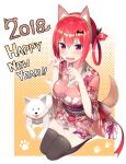 1girl 2018 :d absurd_res animal_ears animal_hands bat_hair_ornament big_breasts black_eyes black_thighhighs blush breasts brown_hairband chinese_zodiac commentary_request dog dog_(gabriel_dropout) dog_ears dog_tail embarrassed english_text fake_animal_ears fang floral_print full_body gabriel_dropout greatmosu hair_ornament hair_ribbon hair_rings hairband hands_up happy_new_year high_res kemonomimi_mode long_sleeves looking_at_viewer motion_lines new_year no_shoes nose_blush open_mouth paw_pose paw_print purple_eyes red_hair ribbon satanichia_kurumizawa_mcdowell seiza sfw sitting smile stockings tail tongue tongue_out v-shaped_eyebrows white_fur wide_sleeves year_of_the_dog zettai_ryouiki