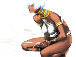  1girl anklet armlet bad_anatomy bare_shoulders barefoot blue_eyes bracelet breasts capcom censored cum dark_skin earrings ejaculation elena elena_(street_fighter) futanari half-closed_eyes highres jewelry large_breasts long_neck masturbation neck_ring open_mouth penis projectile_cum sammohung short_hair simple_background solo squatting street_fighter street_fighter_iii swimsuit white_background white_hair 