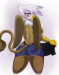  2013 anthro ass avian back back_turned beak blush breasts butt clothing female friendship_is_magic gilda gilda_(mlp) gryphon looking_at_viewer looking_back my_little_pony shirt sideboob skirt solo sssonic2 standing thong topless undressing wings yellow_eyes 
